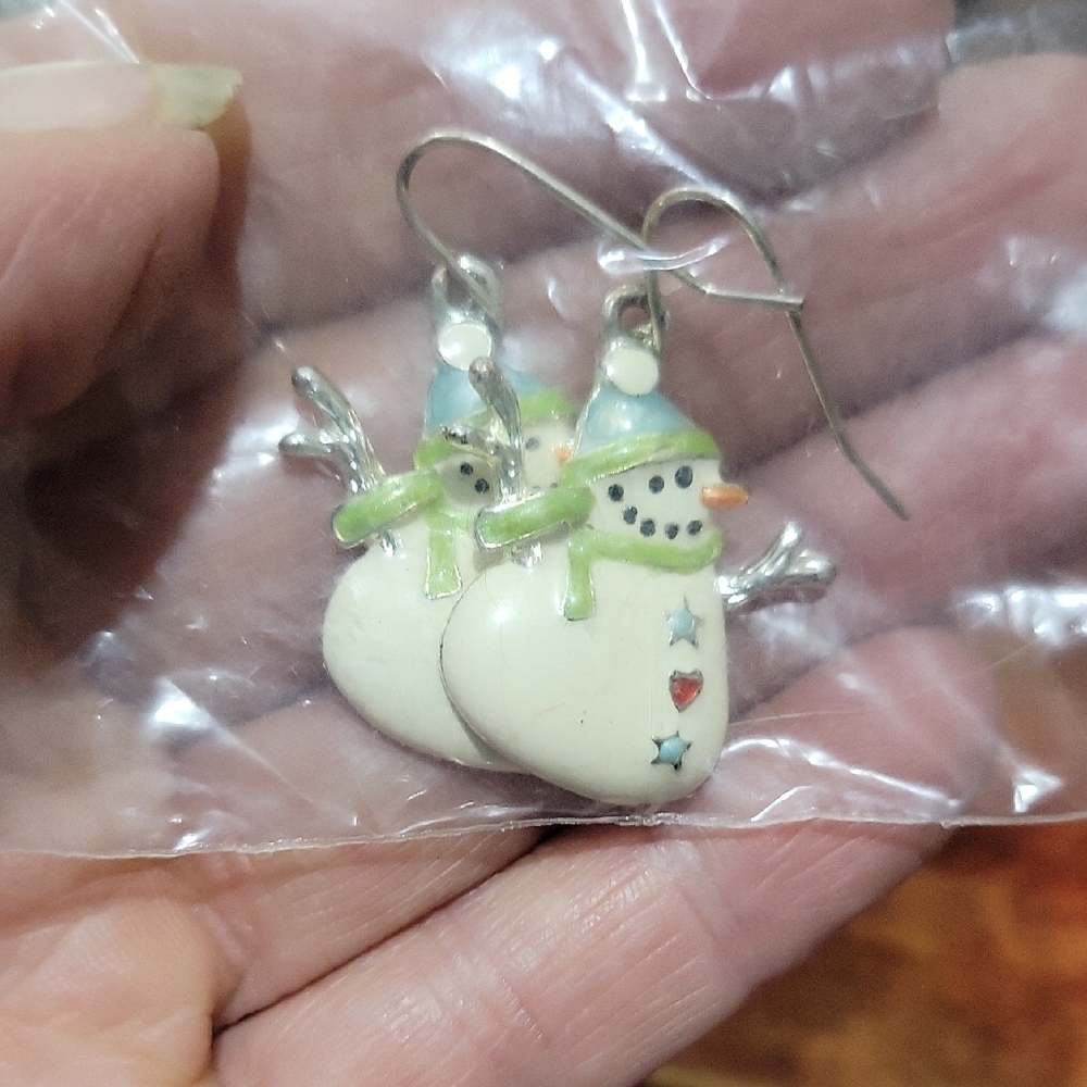 Vintage Snowman Earrings with Heart Accents New old Stock